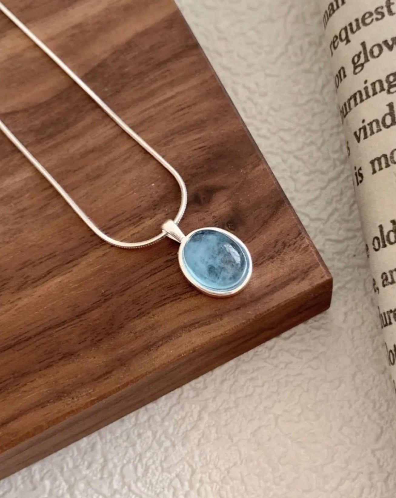 Aquamarine Blue Moonstone Unisex Silver Necklace