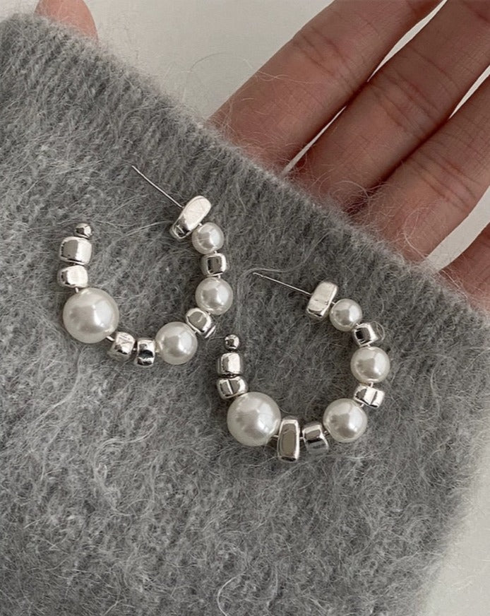 Fashion Pearl Silver C-Shaped Earrings