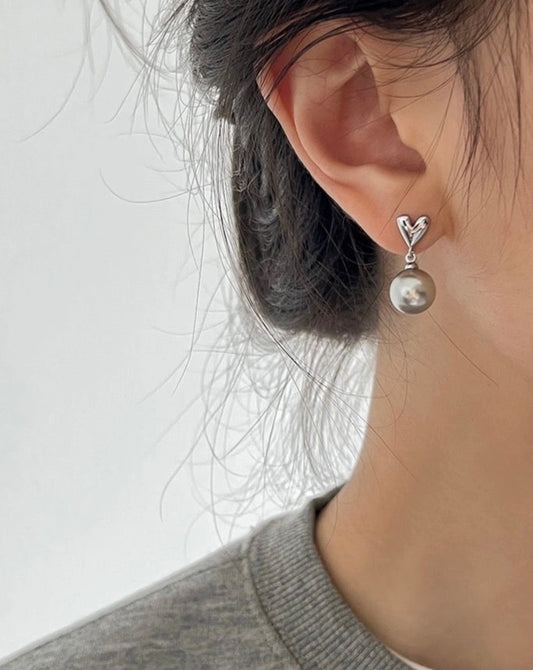 Playful Silver Heart Gray Pearl Earrings