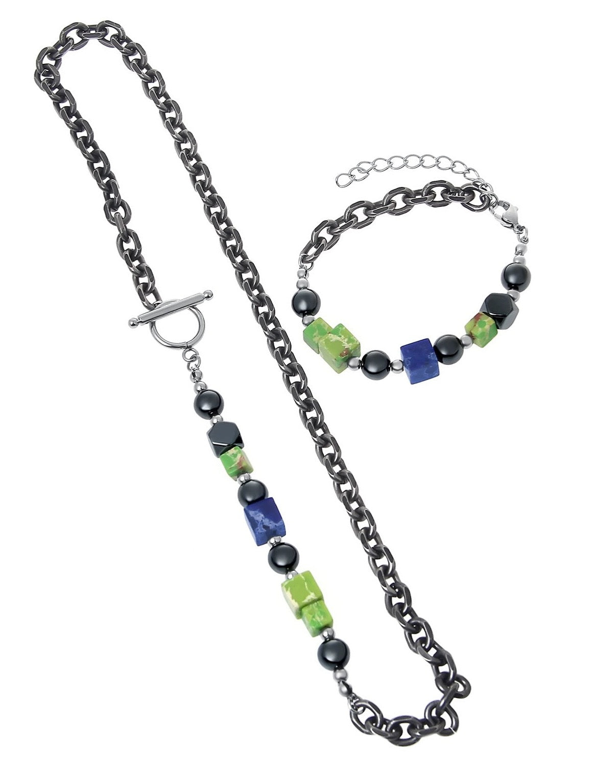 Tiger's Eye Beaded Necklace - Green Blue Black